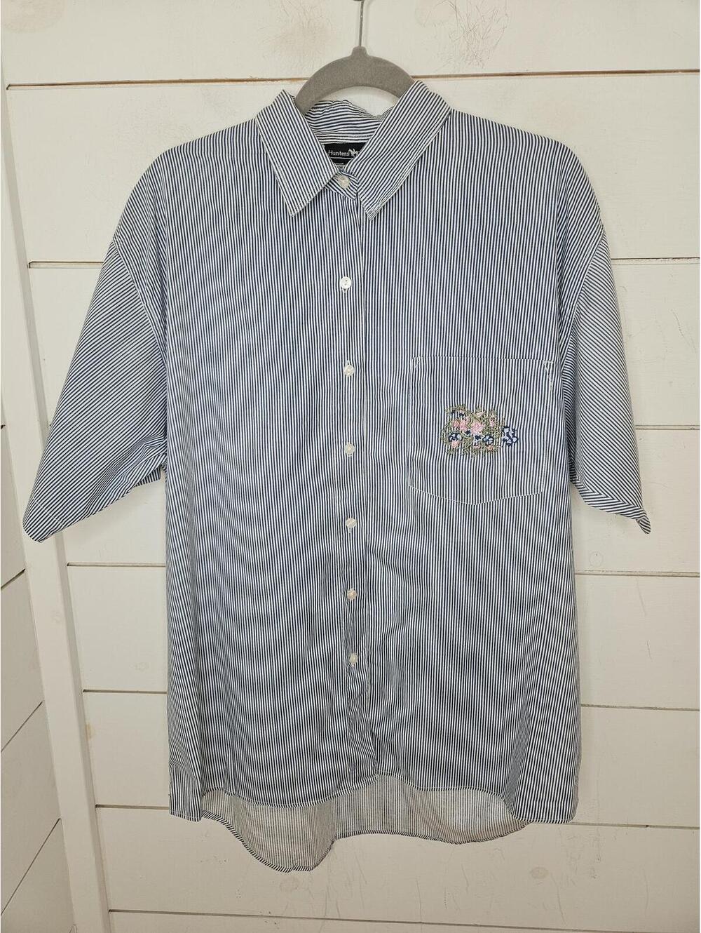 Vintage Hunters Run medium blue & white stripe embroidered button up shirt
